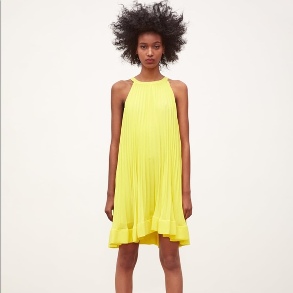 zara pleated yellow dress